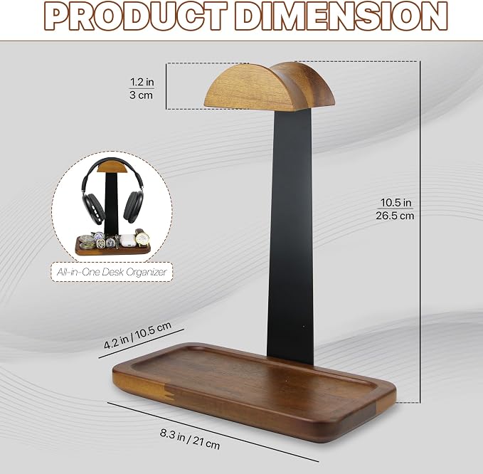 Gift for Men Headphone Stand with Storage Base, Stylish Headset Holder Gamer Gifts for Gaming & Desk to Keep Accessories Organized, Unique Gifts for Teenage Boy Brother on Birthday (Brown Wood)