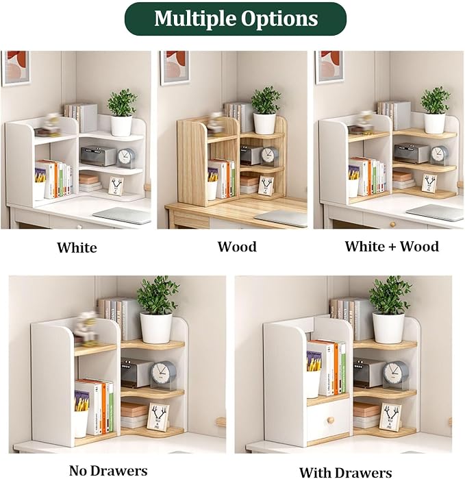 3-Tier Corner Desktop Organizer Shelf, Wooden Desktop Bookshelf with Drawers, Multifunctional Desk Hutch Dorm, Desk Display Rack, Cube Storage Organizer Bookcase(Wood A-r,23.6x19.6x19.6'')