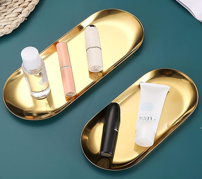 9 Inch x 3.8 Inch Trinket Tray Gold Oval Stainless Steel Small Serving Trays Towel Storage Plate Tea Fruit Trays Jewelry Plate Decorative Storage Tray (2 Gold, Medium)