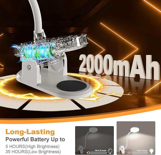 Rechargeable Desk Lamp with Clamp, 97 LED Bright Clip on Light with 3 Color & 10 Brightness, Cordless Desk Light for Home Office Bed Book Reading Crafting Sewing Drawing Knitting Puzzle (White/4.7'')