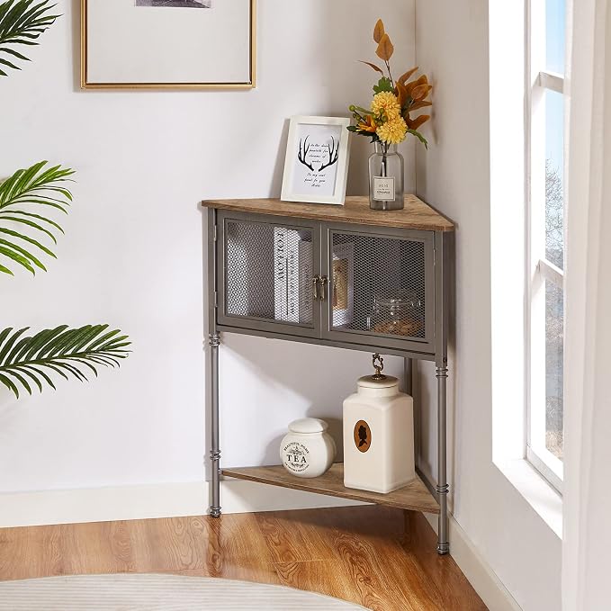 VECELO 3-Tier Corner Table,Cabinet with Mesh Door and Open-Shelf,Corner Shelf Stand,Metal Frame Storage Shelf Organizer Display Shelves for Bedroom,Living Room,Kitchen,Bathroom