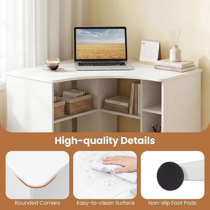 Tangkula White Corner Desk with Charging Station, 90-Degree Triangle Computer Desk with Ergonomic Curved Edge & Open Storage Shelves, Writing Study Desk for Small Spaces Home Office