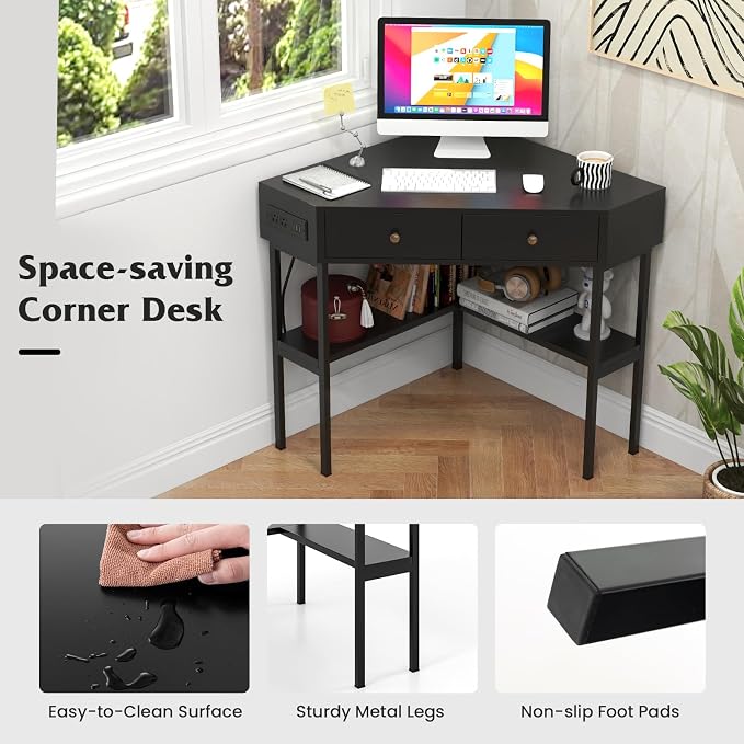 Tangkula Corner Desk with 2 Drawers & Built-in Charging Station, 90 Degrees Triangle Computer Desk for Small Space, Bedroom Makeup Vanity Desk with Storage Shelves, Corner Writing Desk
