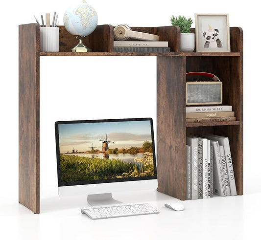 MAT EXPERT Desk Organizer, Wooden Desktop Shelf for 27 Inch Monitor with 5 Shelves & Non-Slip Foot Pads, Anti-Tipping Device, Multipurpose Desk Hutch for Study, Office, Dorm (Coffee)