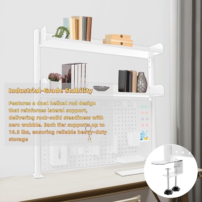 Clamp on Desk Pegboard, 39.4" W x 37.4" H Desk Extender Pegboard Bookshelf Computer Desk Accessories with Shelf for Tool Organizer Office, Privacy Panel for Gaming Desk, White