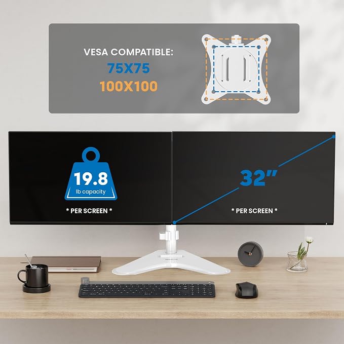 Mount-It! Dual Monitor Desk Stand Mount for 2 Screens VESA 75x75 & 100x100 | For Monitors up to 32”, Height Adjustable with Tilt, Swivel & Rotation