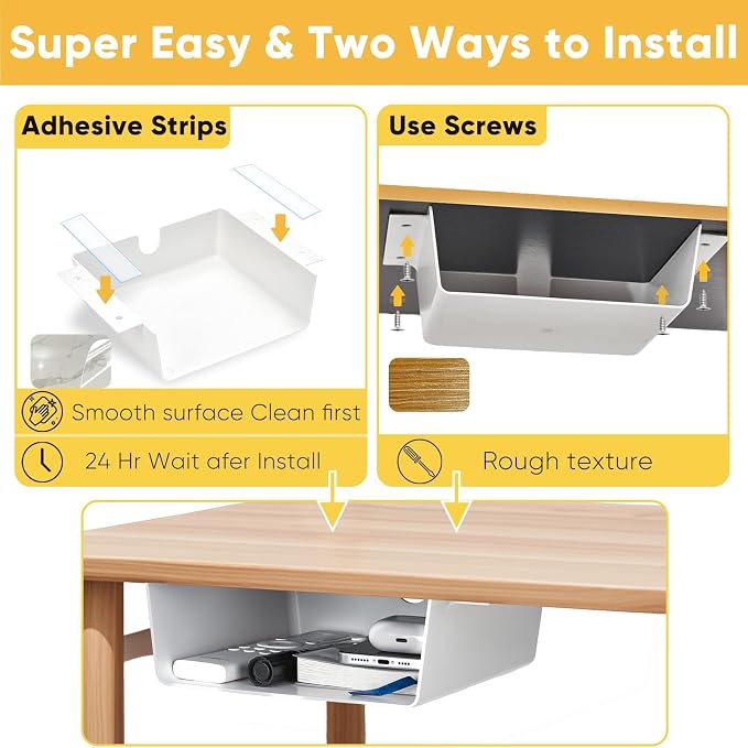 2 Pack Under Desk Hanging Shelf Drawer Organizer, Attachable Plastic Hidden Storage Tray, Easy Adhesive Mount Holder for Standing Tables, Office, Counters, Cabinets, Workstations - White