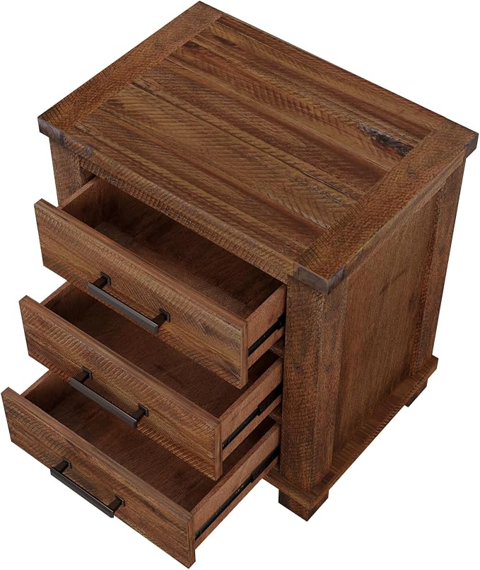 Knocbel Farmhouse Nightstand with 3 Storage Drawers, Reclaimed Pine Wood Bedside Table Night Stand Sofa Side End Table with Antique Metal Handles, Fully Assembled (Natural 2-Piece)