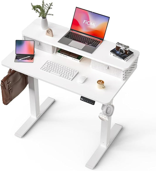 FiCiHi 40x24 Inch Standing Desk with Drawers, C-Clamp Mount Compatible, Electric Adjustable Height Computer Small Stand Up Desks, Home Office Sit Stand Table with 3 Preset Heights, White