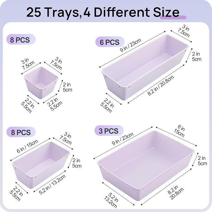 Vtopmart 25 PCS Plastic Drawer Organizers Set, 4-Size Versatile Bathroom and Vanity Drawer Organizer Trays, Storage Bins for Makeup, Bedroom, Kitchen Gadgets Utensils and Office