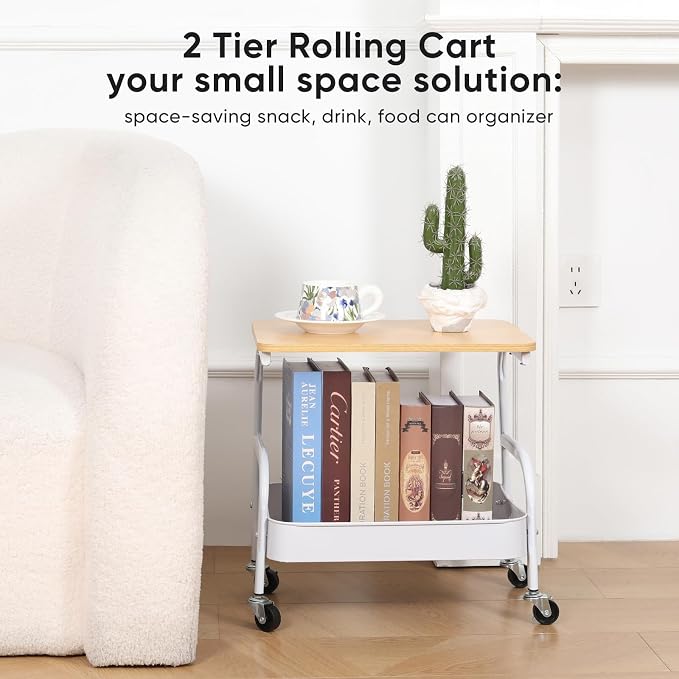 Under Desk Printer Stand with Storage 2 Tier Rolling Printer Cart with Wheels, Mobile Short Under Shelf Storage Small RollingTable Cart for Home and Office, White