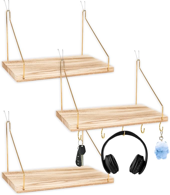 3-Pack Cubicle Shelf For Fabric Walls With Hooks：12x6.0in Wooden Cubicle Shelf Hanging Organizer Gold Shelves For Accessories Office Stylish Ations cubical Decorations For Women Desk work storage