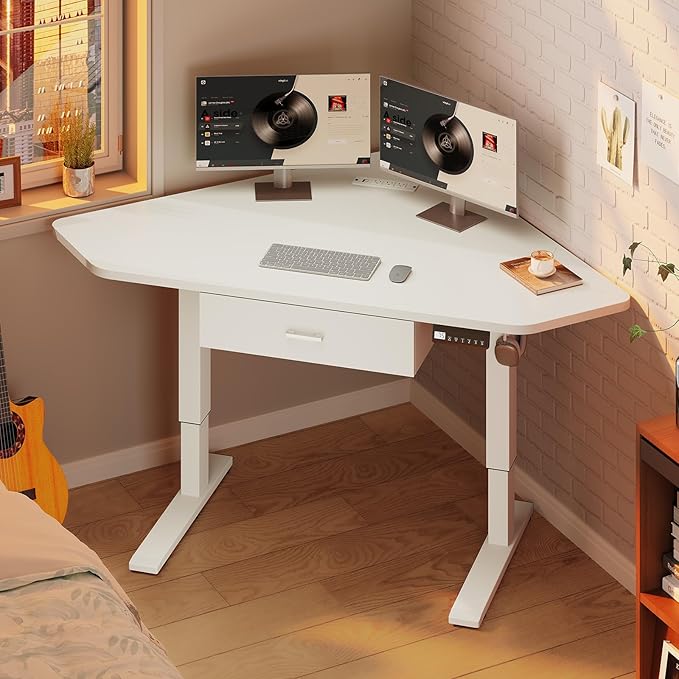 SEDETA Corner Standing Desk, 32'' Small Height Adjustable Electric Computer Desk with Drawer for Gaming, Small Space, Stand up Home Office Study Writing Desk, White