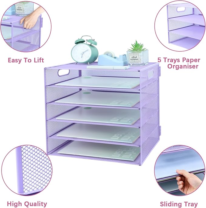 5 Tier Lettrer Tray Organizer, Metal Mesh Desk File Organizer with Sliding Trays, Paper Sorter Desk Organizer for Home Office School, Purple