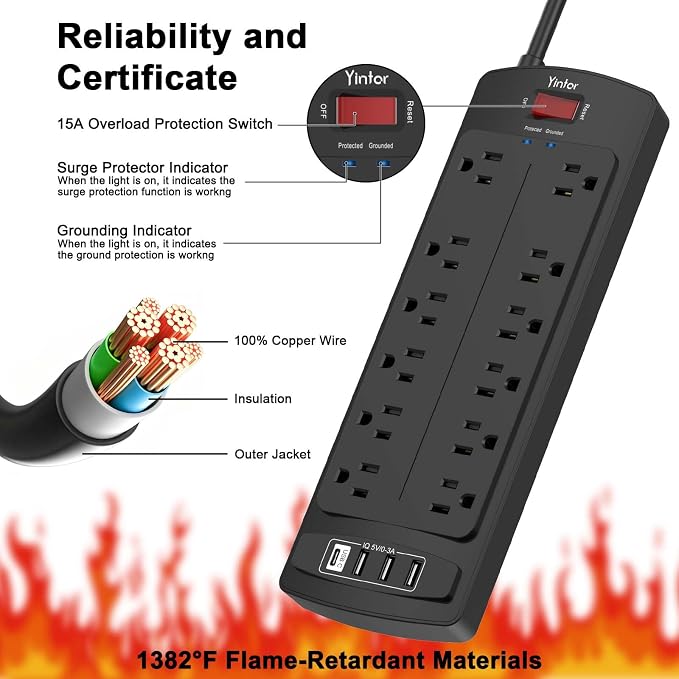 Power Strip, Yintar Surge Protector with 12 AC Outlets and 4 USB Ports, 6 Feet Extension Cord, 2700 Joules, ETL Listed, Black