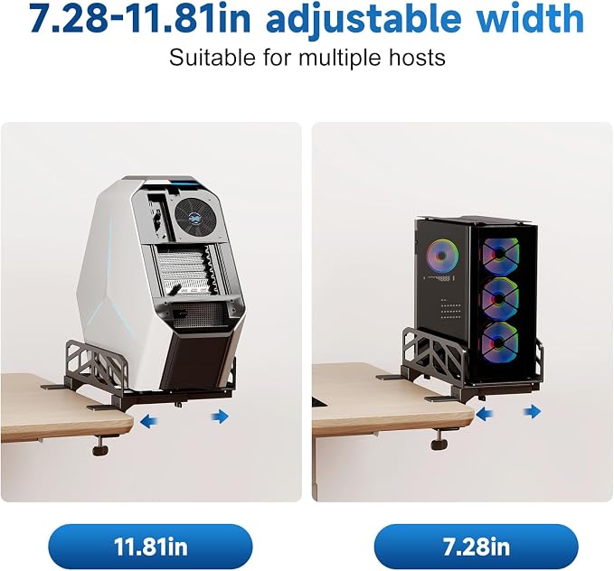 Pholiten Clamp-on Desk Extender PC Desk Mount Holder，Universal PC Wall Mount,7.28 to11.8 inch Wide Gaming Computer Case Stand，Capacity Weight 66lbs