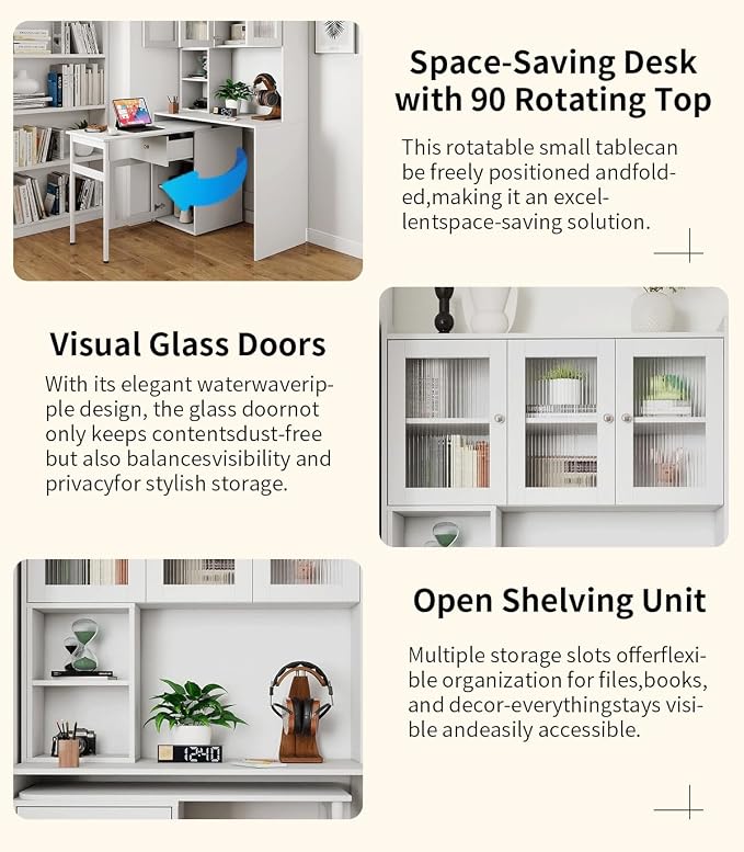 Computer Desk with Hutch and Rotating Desktop, White Corner Study Desk with Glass Door Storage Cabinets and Fold Out Shelf for Home Office, Craft Cabinet with Fold Out Table (White)