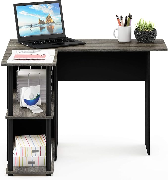 Furinno Abbott L-Shape Computer Desk with Bookshelf, French Oak Grey/Black