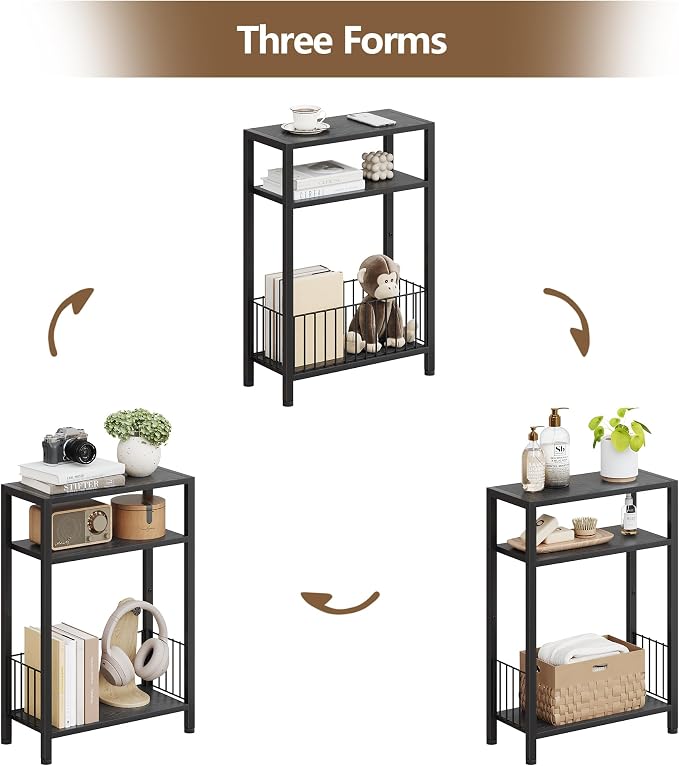 TRIFEBLE Narrow Side Table with Storage Basket, Small End Table for Small Spaces, Slim Sofa Table for Living Room, 3 Tier Bedside Table for Bedroom, Black