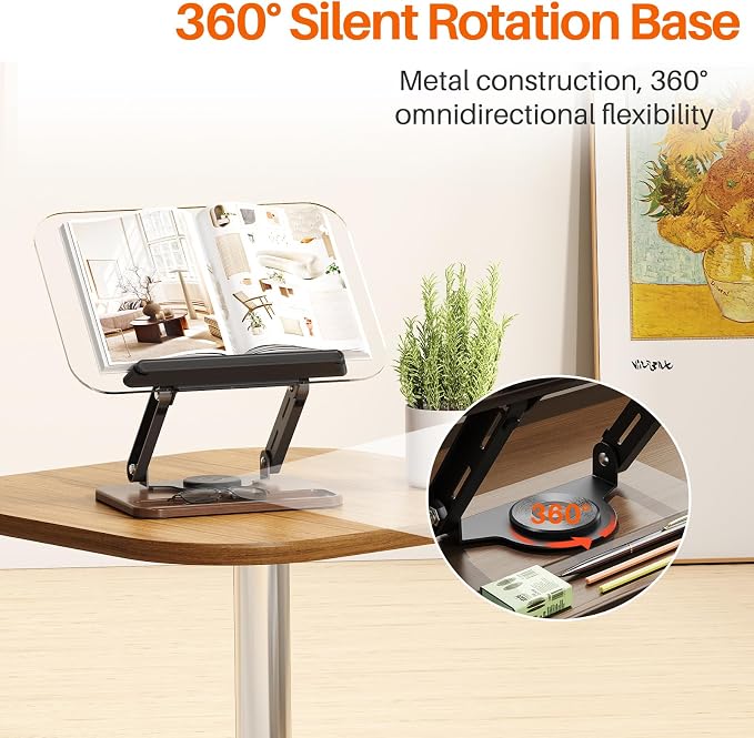 BYMECOST Acrylic Book Stand for Reading, 360°Rotating Book Holder with Pen Slot, Adjustable Height and Angle, Elastic Clips for Cookbook Stand, Foldable Desktop Riser for Laptop,Tablet,Recipe,Magazine