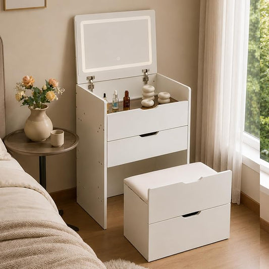 Small Vanity with Mirror and Lights for Small Space, 3-in-1 Compact Makeup Vanity Desk with Storage, Flip Top Vanity Table with Hidden Stool, 3 Color Mode, Drawers & Jewelry Organizer, Mini Vanity Set