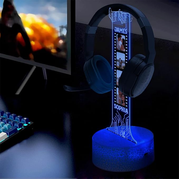 Custom Headphone RGB Light Headset Holder, Personalized Couple Photo Headphone Night Light, Gaming Room Decor, Gift for Boyfriend, Teen Gamer, Valentines Day Gift, Gifts for Couple