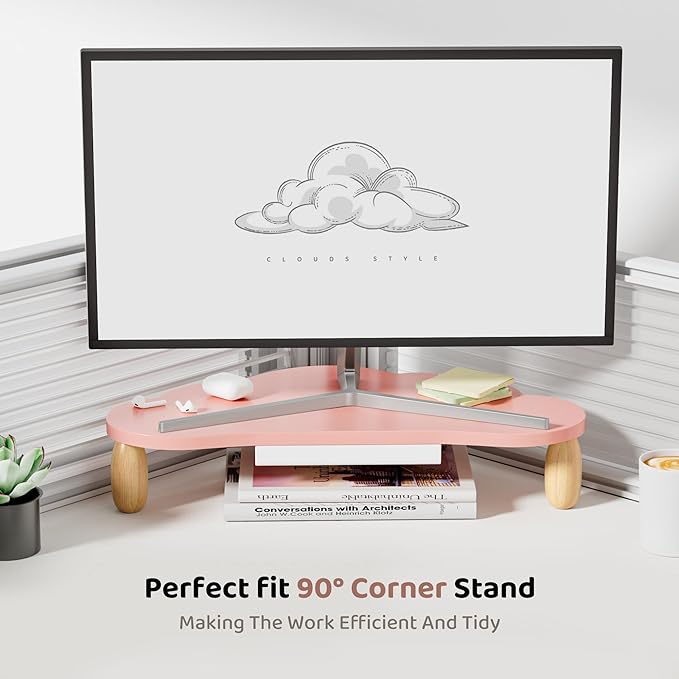 AFOOYO Monitor Stand Riser,Cloud-Shaped Sturdy Wood 16.5In Computer Monitor Riser Wirh Drawer, Multi-Purpose Desktop Organizer Riser for Computer,Laptop,Printer,TV,Pink