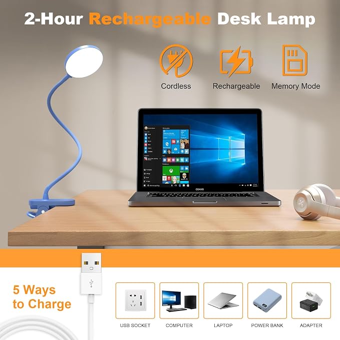 Rechargeable Desk Lamp with Clamp, 97 LED Eye-Care Table Light for Kids Bedroom with 3 Color & 10 Brightness, Cordless Clip on Lamp for Bed Book Reading Crafting Drawing Gaming Puzzle (Blue/4.7'')