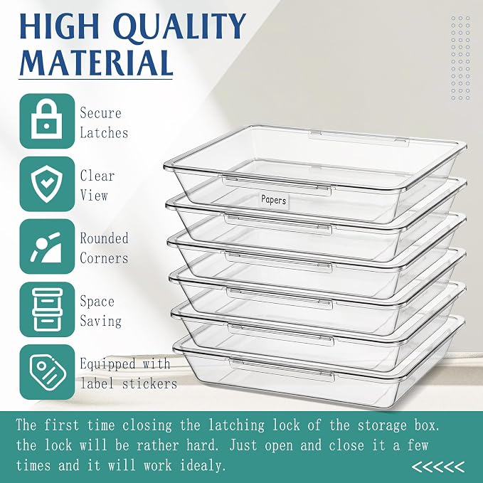 Tinlade 12 Pcs Classroom Paper Storage Bins with Clear Latching Lid, Label Stackable Letter Size Flat Tray Container for Teacher Back to School Supplies Home Office Desk Arts Crafts (Clear,13x10in)