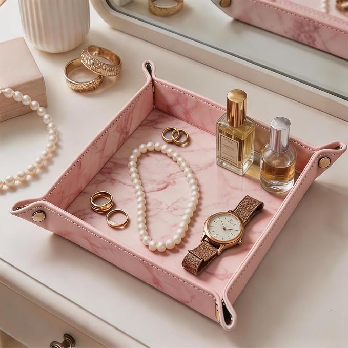 Valet Tray Desktop Storage Organizer – Vegan Leather Catchall Bedside Vanity Tray Nightstand Caddy Holder for Remote Controller, Watch, Keys, Phone, Wallet, Coin, Jewelry, Marble Pink