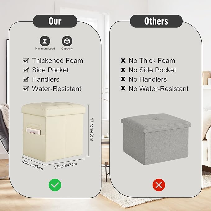 Ottoman with Storage, Slim Tall Foot Rest Stool with Thicker Foam Padded Seat. Folding Leather Storage Ottoman Furniture with Handles & Side Pocket for Living Room Bedroom 350 lbs, 17x13x17in, Beige