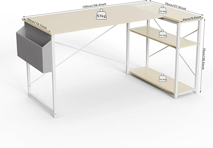 TIQLAB Small Computer Desk with Power Outlets, 40 Inch L Shaped Desk with Reversible Shelves, Gaming Desk Corner Desk Study Writing Table for Home Office Bedroom Living Room, Beige