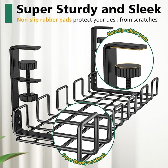 Under Desk Cable Management Tray, L 15.7''W 6.3'' No Drill Steel Desk Cable Organizers, Wire Management Tray Cable Management Rack, Desk Cable Tray Wire Organizer with Desk Cord Organizer