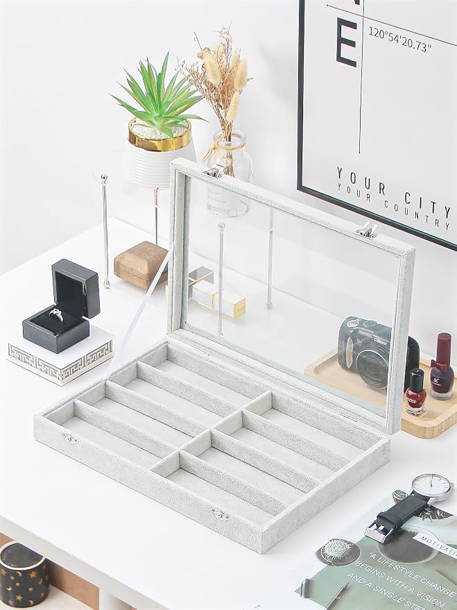 Jewelry Sunglasses Organizer Tray, Grey Velvet Eyeglasses Display Tray Box, Glasses Organize Storage Holder for Home Desk or Selling Show Display (with Lid)