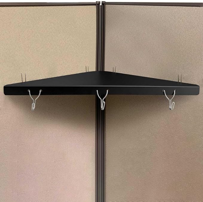 Metal Cubicle Corner Shelf with 3 Hooks for Office Fabric Walls, Hanging Organizer Shelves for Keys and Office Supplies, Space Saving Black Storage Shelf (1 Pack)