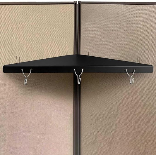 Metal Cubicle Corner Shelf with 3 Hooks for Office Fabric Walls, Hanging Organizer Shelves for Keys and Office Supplies, Space Saving Black Storage Shelf (1 Pack)