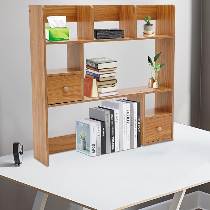 Desk Shelf, Wooden Office Desktop Display Organizer Rack with Handles, Adjustable 9 Compartment Storage Rack, Space Saving Desktop Bookshelf for Office Home Dorm (Pine Color)