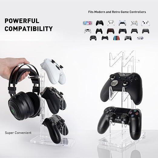 OAPRIRE Controller Stand Headset Stand, 3 Tier Acrylic Gaming Controller Holder Compatible with PS4, PS5, PC, Xbox, Universal Design (Clear)