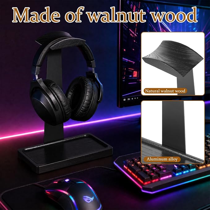 Walnut Headphone Stand, Wooden Headset Stand for Desk, Wood Gaming Headphone Holder with Storage Base Present for Men Brown or Black(Black)