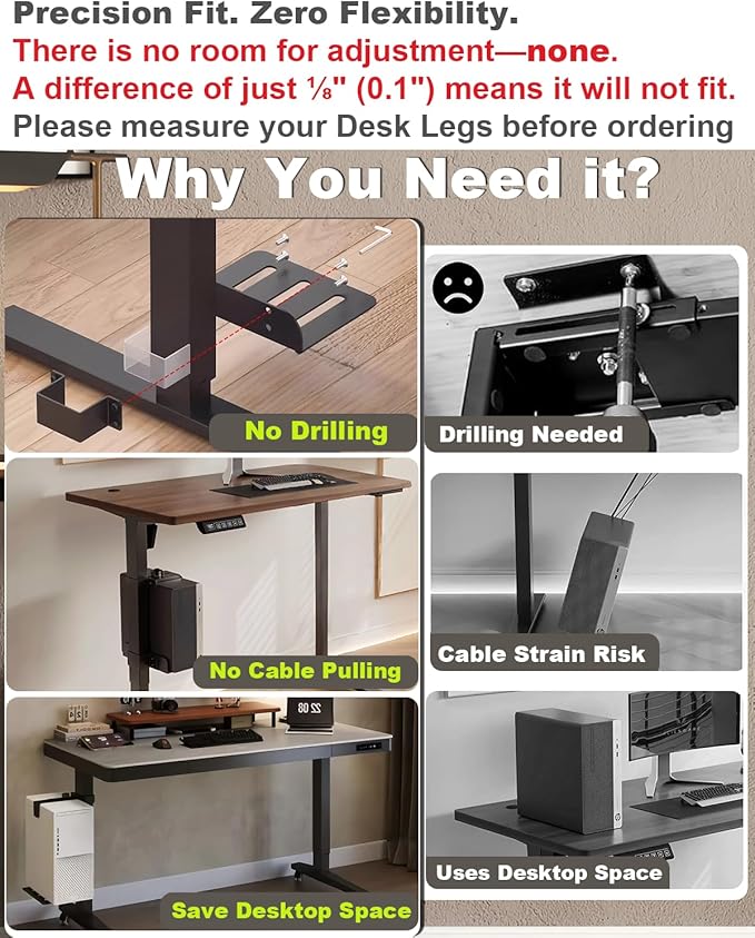 Under Desk PC Mount - No Drilling Heavy Duty 40 lbs Capacity, Adjustable Height and Width Clamp-on Desk Leg PC Mount for Standing Desks (Fits 75mm×45mm Legs only), with Non-Slip Pads, White