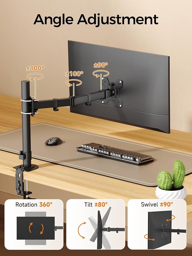 suptek Single Monitor Arm for Desk Mount Stand,Adjustable Monitor Arm for 13 to 32 inch Screen,Load Capacity 22lbs, Pole Adjustable Supports 0.8-2.4 Inch, VESA 75/100mm Black(MD6DBG)