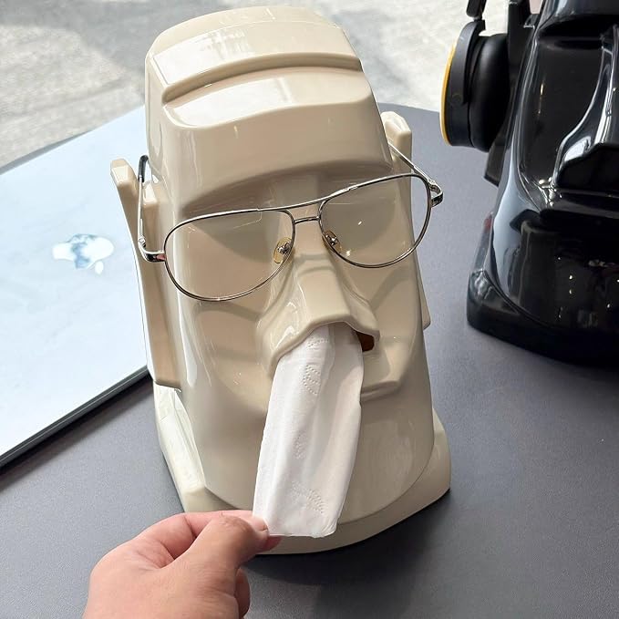 Creative Moai Tissue Box Holder with Headphone Holder, Suitable for Living Room, Bedroom and Other Desktop Storage Boxes, Green,Cream White, Black. (Cream White)