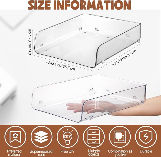 2 Pack Paper Organizer Letter Tray Plastic Stackable Desk File Organizer 12.99 x 10.43 x 2.95 Inch Clear Paper Holder File Tray for Desk Accessories Office Organization and Storage