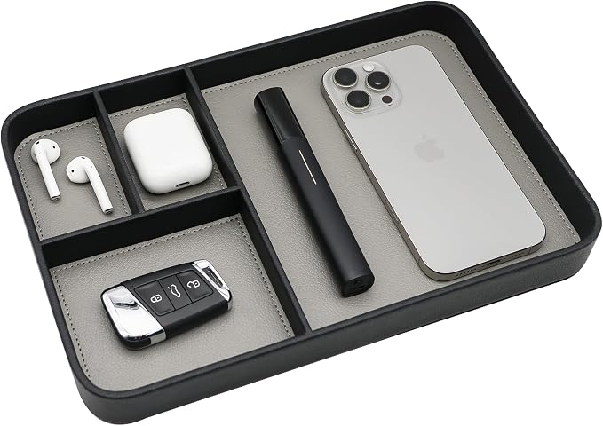 Vegan Leather Valet Tray for Men - Modern Nightstand Organizer for Keys, Wallet, Watch & EDC Essentials, Eco-Friendly & Stylish Storage(Black)