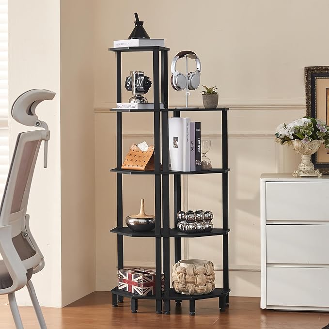 YUFAM 4-Tier Corner Shelf with Sturdy 5-Leg Base, Wooden Corner Bookshelf for Small Spaces, Corner Standing Shelf for Living Room, Bedroom, Office, Black