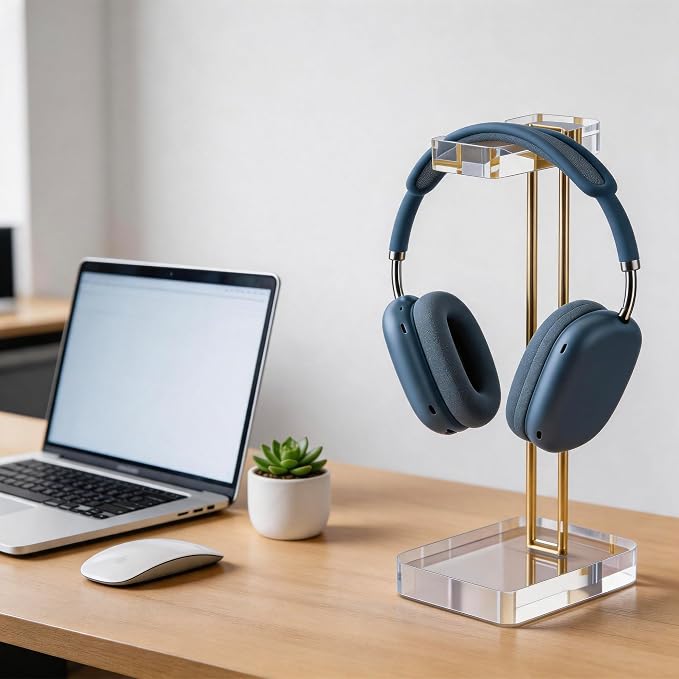 Acrylic Headphone Stand for Desk, Crystal Clear Headset Holder with Gold Metal Accent, Stable Non-Slip Base, Universal Gaming Headphone Hanger for PC Setup, Office & Home Desk Accessories