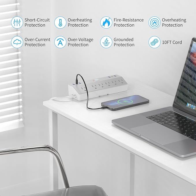 Desk Clamp Power Strip with 40W Fast Charging USB-C, JXGUCAT 10Ft Desk Mount Surge Protector with 6 Outlets 6 USB Ports, Flat Plug Extension Cord Home Office Essentials, Fit 2.48" Tabletop Edge