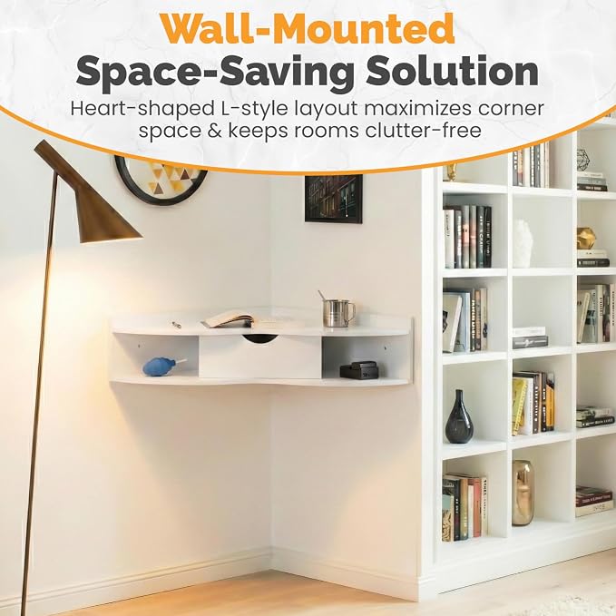 Basicwise White Heart Shaped Wall Mounted Office Table with Drawer and Two Shelves Computer Writing Corner Desk QI004024.WT