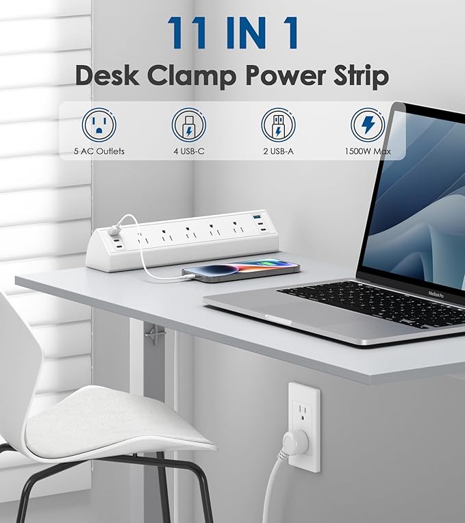 Jgstkcity Desk Clamp Power Strip USB C,40W Total Fast Charging Station,4 PD 20W USB C Ports,Desk Edge Mount Surge Protector,5 Outlets,Fit 1.96" Tabletop Edge,ETL Listed,White (Pack of 2)