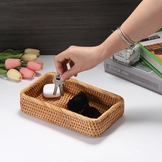 Hipiwe Natural Rattan Tray Key Basket for Entryway Table Rectangle Wicker Basket Trays for Remote Trinket Decorative Rattan Storage Basket Home Decor,10"x 5.9"x 2.2"